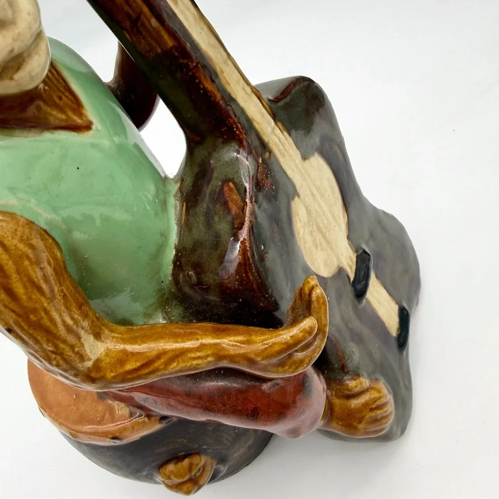 Majolica Style Ceramic Monkey Band Cellist Figurine Top Hat Drum Base